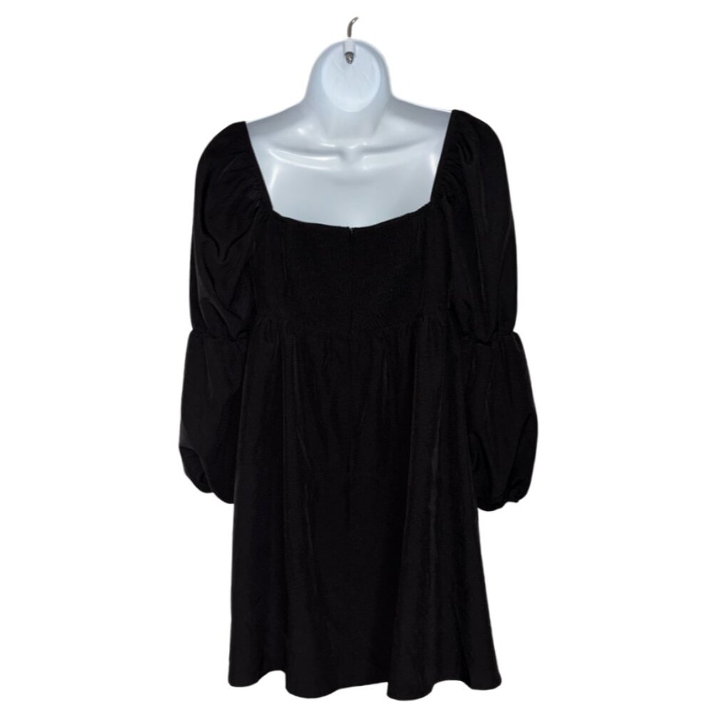 Sz.S*Exlura*Black 3/4 Sleeve Square Neckline Smocked Mini Dress - Picture 4 of 7